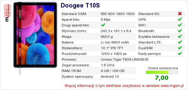 Dane telefonu Doogee T10S