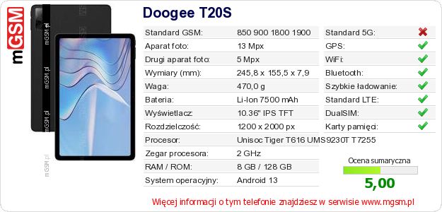 Dane telefonu Doogee T20S Dane telefonu Doogee T20S