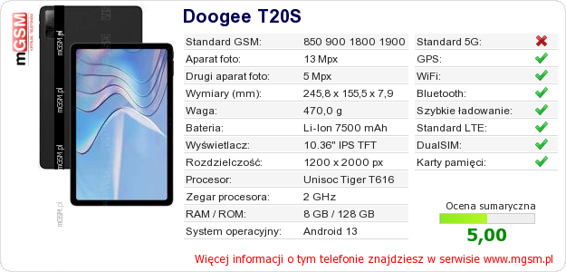 Dane telefonu Doogee T20S Dane telefonu Doogee T20S