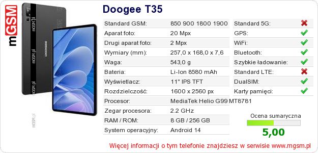 Dane telefonu Doogee T35