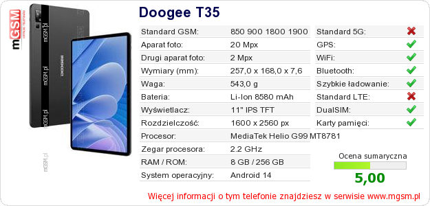Dane telefonu Doogee T35