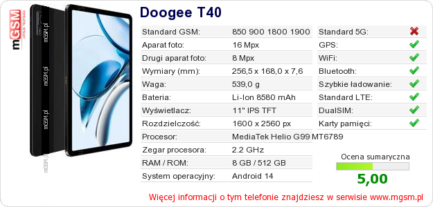 Dane telefonu Doogee T40