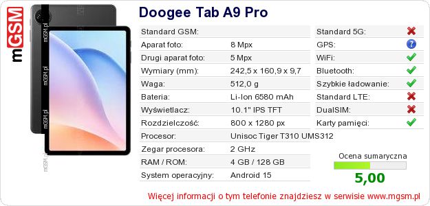 Dane telefonu Doogee Tab A9 Pro Dane telefonu Doogee Tab A9 Pro