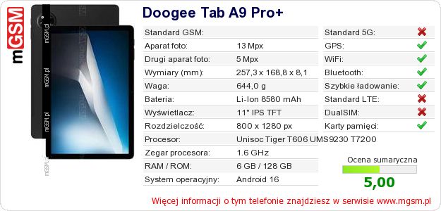 Dane telefonu Doogee Tab A9 Pro+ Dane telefonu Doogee Tab A9 Pro+