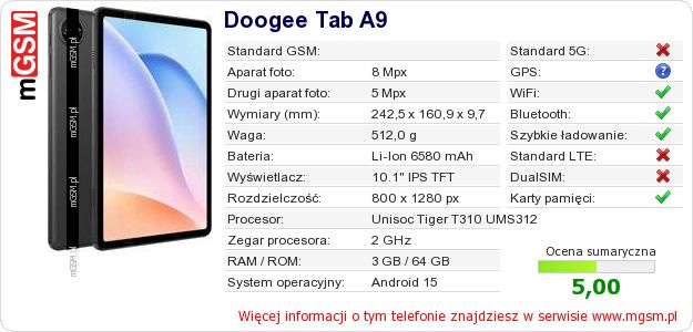 Dane telefonu Doogee Tab A9 Dane telefonu Doogee Tab A9