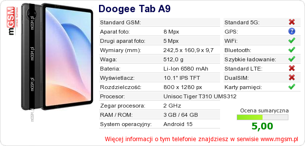 Dane telefonu Doogee Tab A9 Dane telefonu Doogee Tab A9