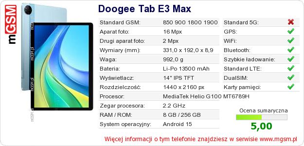 Dane telefonu Doogee Tab E3 Max Dane telefonu Doogee Tab E3 Max