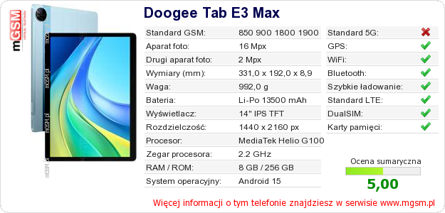 Dane telefonu Doogee Tab E3 Max