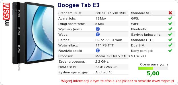 Dane telefonu Doogee Tab E3 Dane telefonu Doogee Tab E3