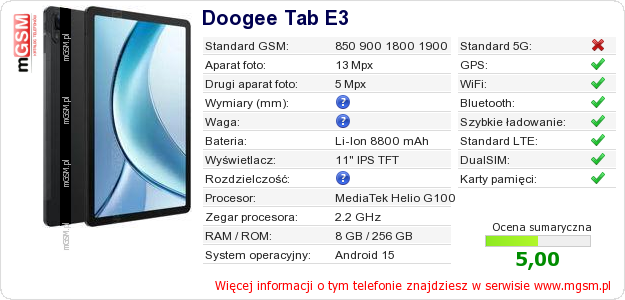 Dane telefonu Doogee Tab E3