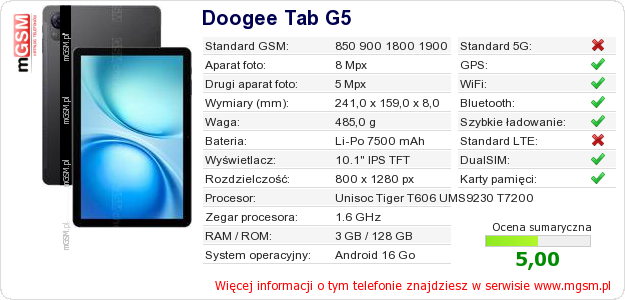 Dane telefonu Doogee Tab G5