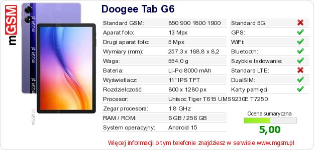 Dane telefonu Doogee Tab G6 Dane telefonu Doogee Tab G6