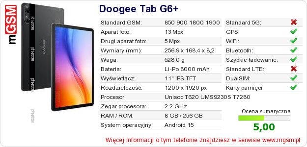 Dane telefonu Doogee Tab G6+ Dane telefonu Doogee Tab G6+