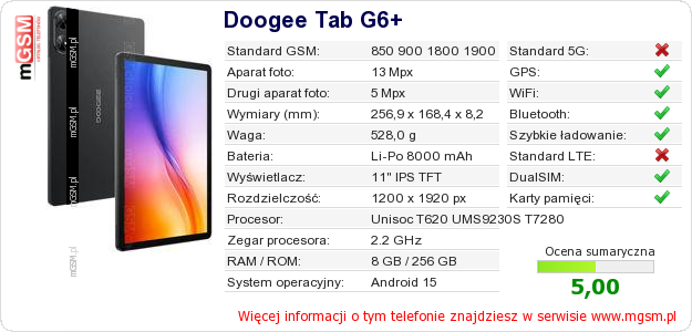 Dane telefonu Doogee Tab G6+ Dane telefonu Doogee Tab G6+