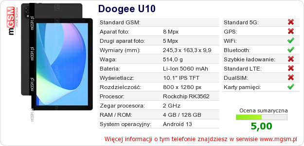 Dane telefonu Doogee U10