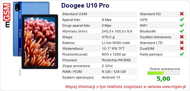 Dane telefonu Doogee U10 Pro Dane telefonu Doogee U10 Pro
