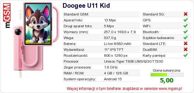 Dane telefonu Doogee U11 Kid Dane telefonu Doogee U11 Kid