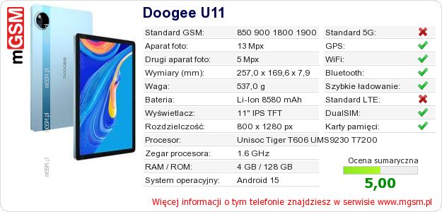 Dane telefonu Doogee U11 Dane telefonu Doogee U11