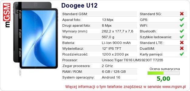 Dane telefonu Doogee U12 Dane telefonu Doogee U12