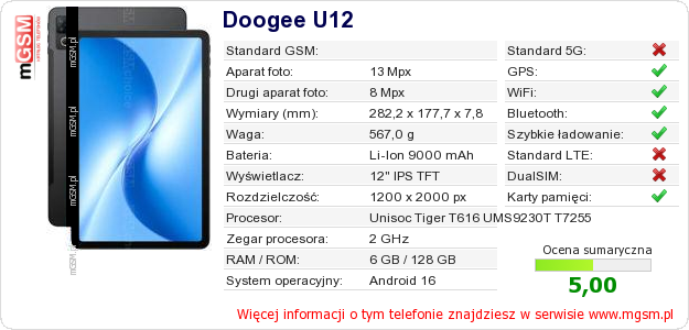 Dane telefonu Doogee U12 Dane telefonu Doogee U12