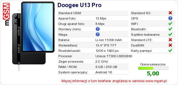 Dane telefonu Doogee U13 Pro Dane telefonu Doogee U13 Pro