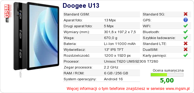 Dane telefonu Doogee U13 Dane telefonu Doogee U13