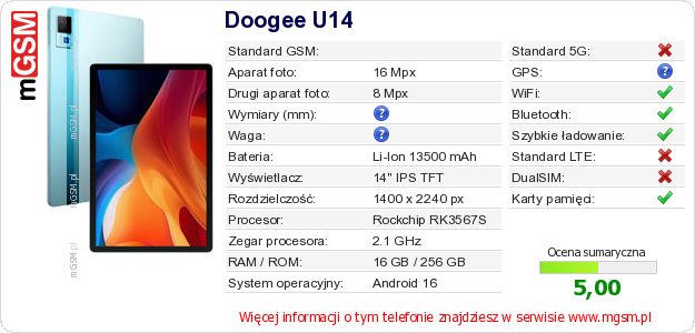 Dane telefonu Doogee U14