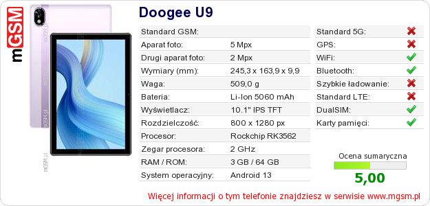 Dane telefonu Doogee U9 Dane telefonu Doogee U9