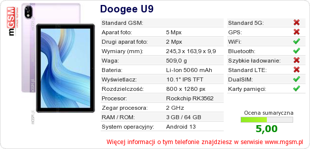 Dane telefonu Doogee U9 Dane telefonu Doogee U9