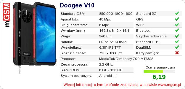 Dane telefonu Doogee V10 Dane telefonu Doogee V10