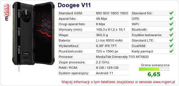 Dane telefonu Doogee V11