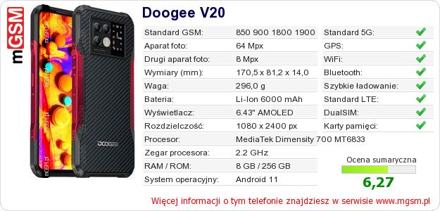 Dane telefonu Doogee V20 Dane telefonu Doogee V20