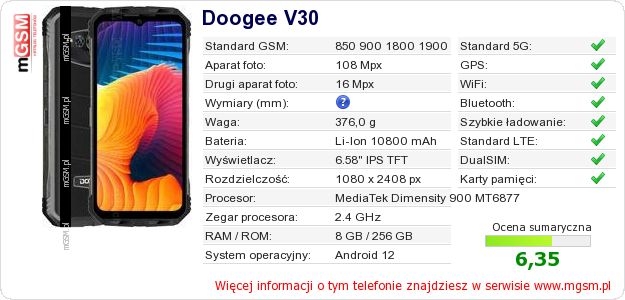 Dane telefonu Doogee V30 Dane telefonu Doogee V30