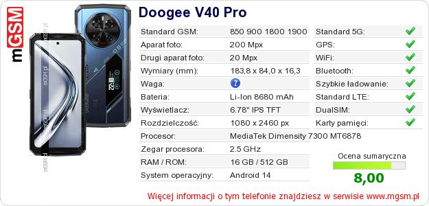 Dane telefonu Doogee V40 Pro Dane telefonu Doogee V40 Pro