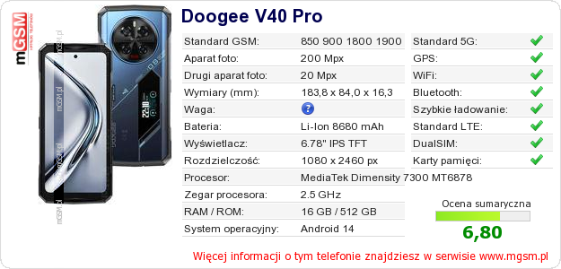 Dane telefonu Doogee V40 Pro