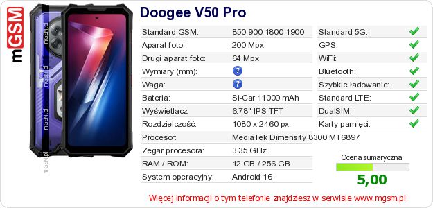 Dane telefonu Doogee V50 Pro