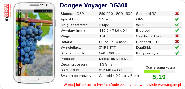 Dane telefonu Doogee Voyager DG300