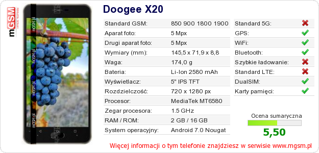 Dane telefonu Doogee X20
