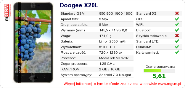 Dane telefonu Doogee X20L