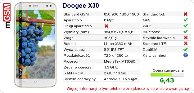 Dane telefonu Doogee X30 Dane telefonu Doogee X30