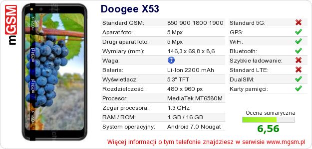 Dane telefonu Doogee X53