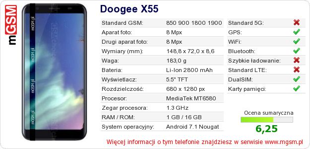 Dane telefonu Doogee X55 Dane telefonu Doogee X55