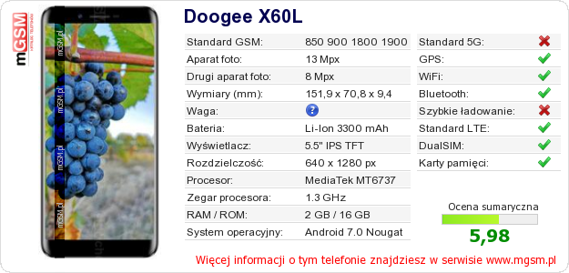 Dane telefonu Doogee X60L