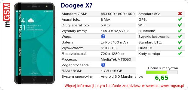 Dane telefonu Doogee X7 Dane telefonu Doogee X7
