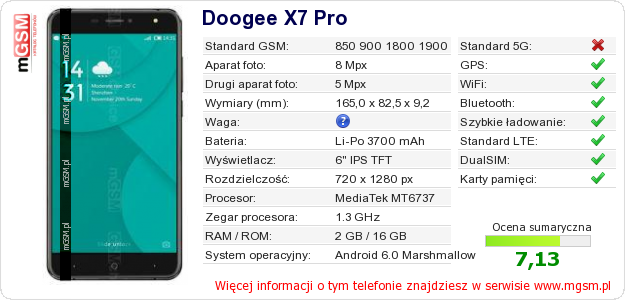 Dane telefonu Doogee X7 Pro Dane telefonu Doogee X7 Pro