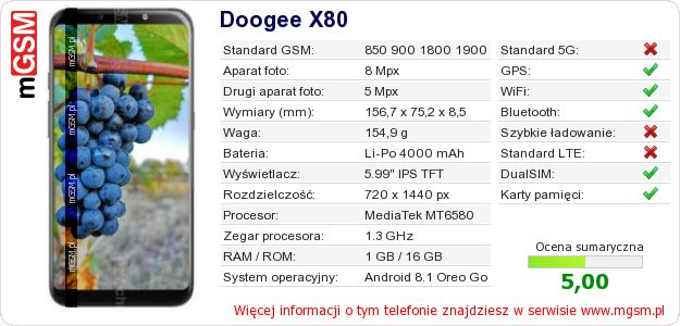 Dane telefonu Doogee X80