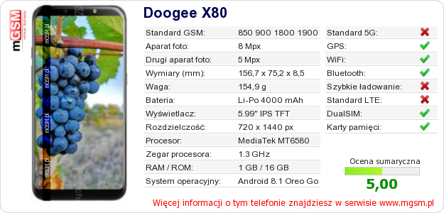 Dane telefonu Doogee X80