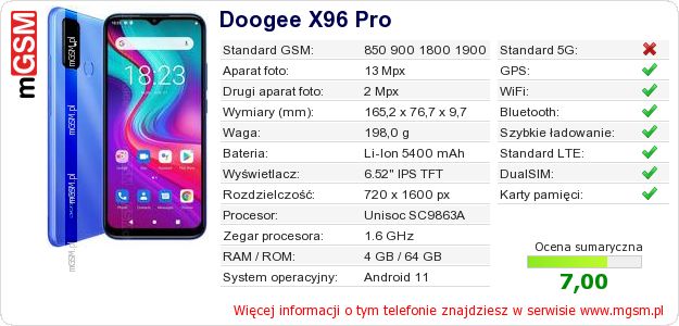 Dane telefonu Doogee X96 Pro Dane telefonu Doogee X96 Pro