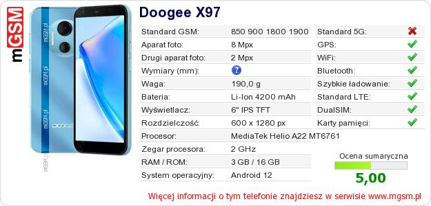 Dane telefonu Doogee X97 Dane telefonu Doogee X97