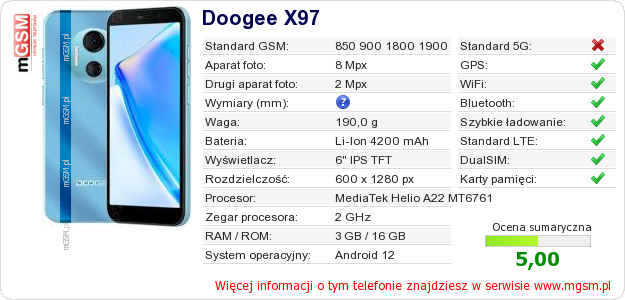 Dane telefonu Doogee X97